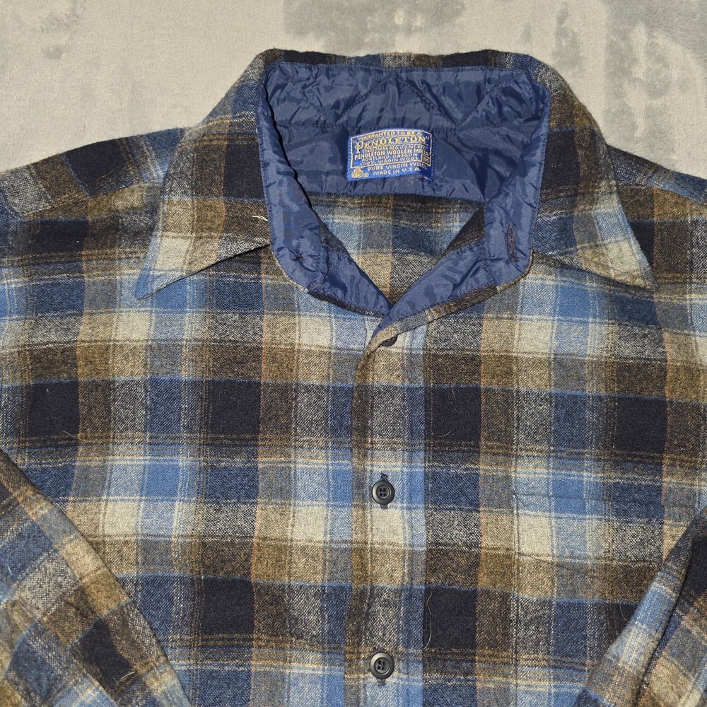 Vintage Pendleton Wool Shirt Mens Medium Blue Brown Plaid Flannel 80s
